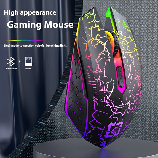 Black and White wireless gaming mouse with RGB lighting effects on desktop