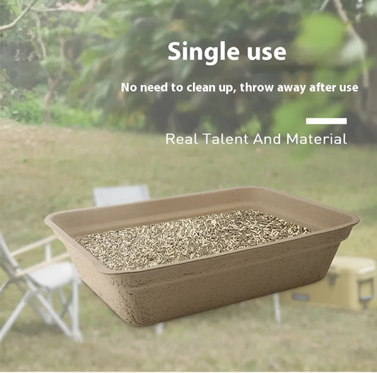 Brown disposable biodegradable cat litter box shown in three different sizes.