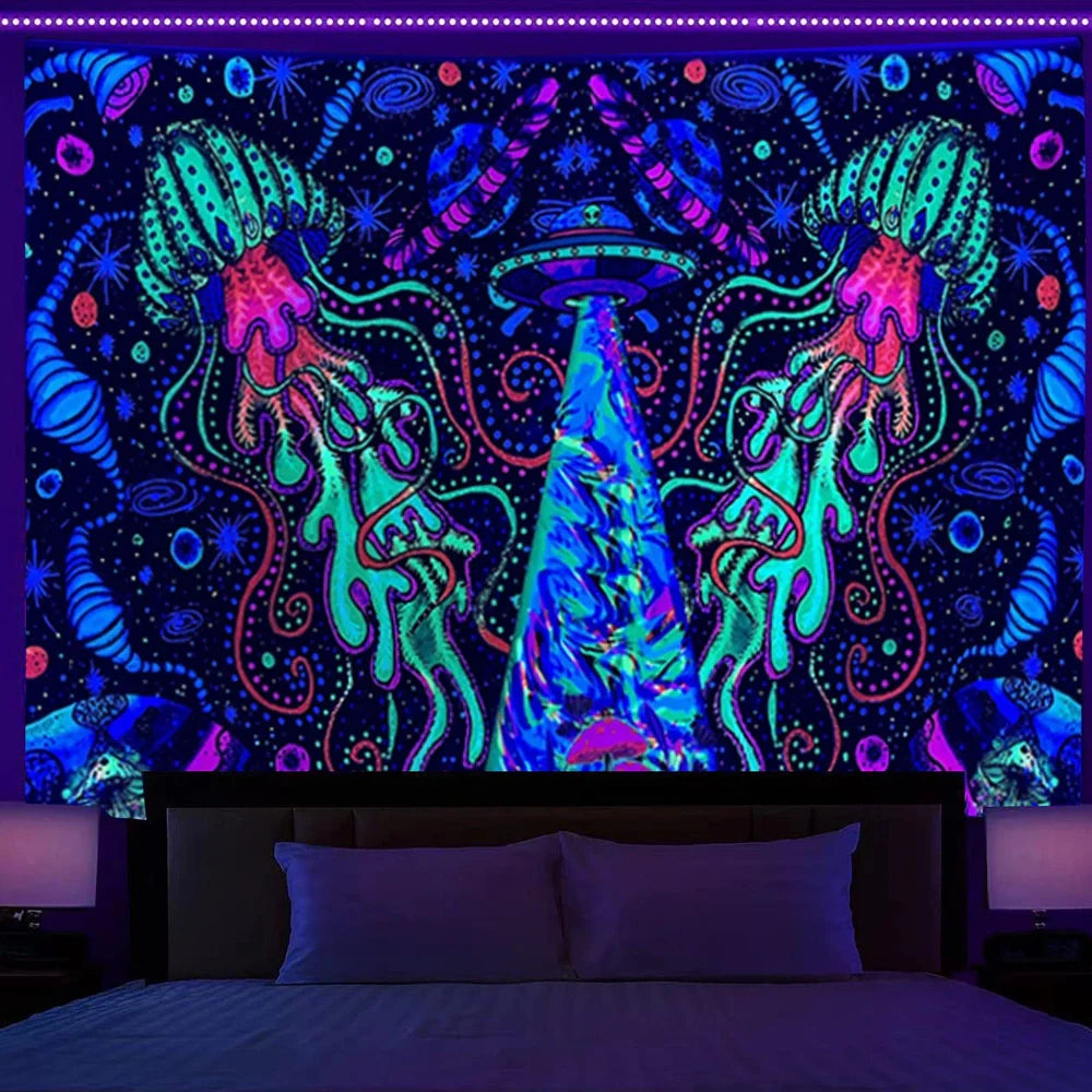 Simple mushroom tree of life fluorescent print polyester tapestry, 150x200cm size hanging on wall with subtle glow