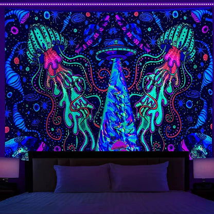 Simple mushroom tree of life fluorescent print polyester tapestry, 150x200cm size hanging on wall with subtle glow