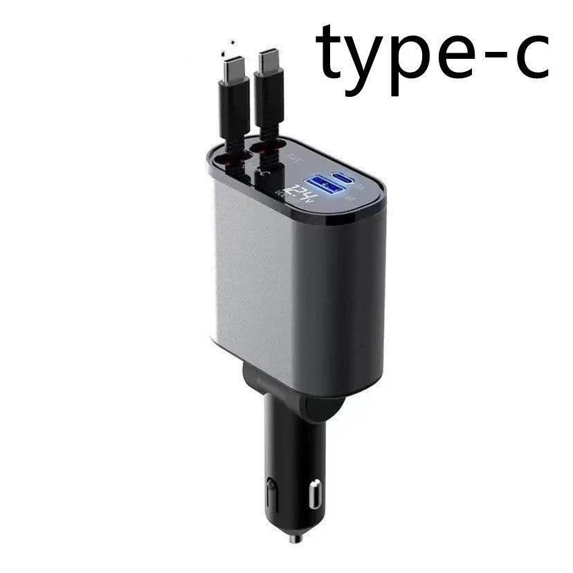 A sleek, metal 100W car charger with USB and Type-C ports for fast charging on the go