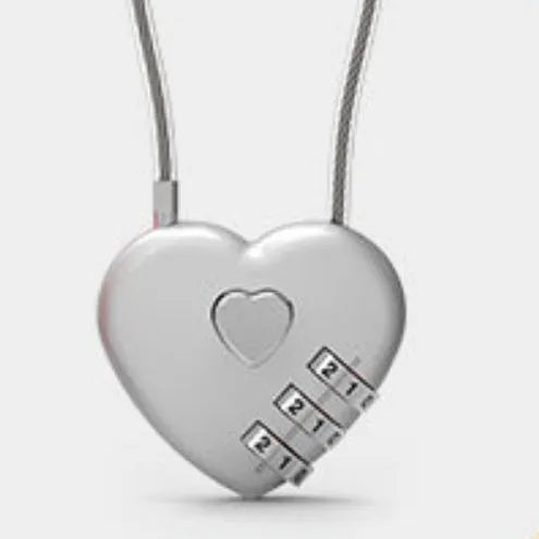 Peach heart-shaped ABS plastic bicycle helmet lock with a long steel cable, shown in various colours.