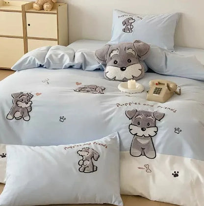 Cartoon Schnauzer embroidered design on a thickened cotton quilt cover and pillowcase from a bedding set.