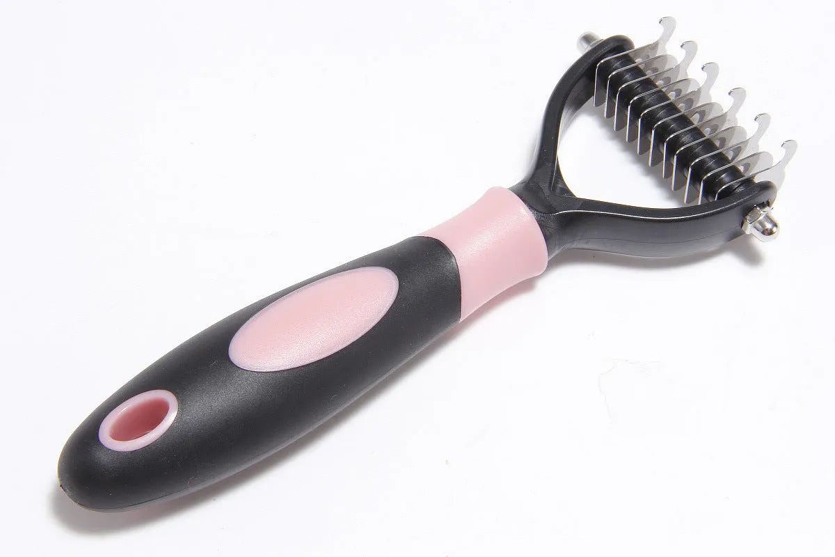 Dog grooming comb with plastic body and stainless steel teeth for knot opening and hair removal