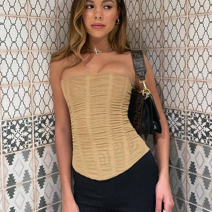 Sleeveless corset crop top for women in black, khaki, and white colors with unique mesh and corset design