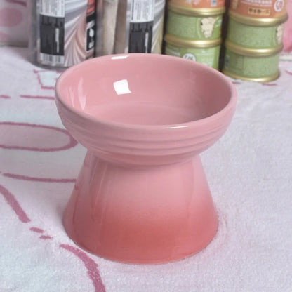 White ceramic pet bowl with high foot neck protector showing 15cm diameter and 8cm height measurement