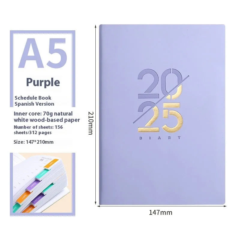 A5 daily planner with faux leather cover in blue, showing open pages and bound spine.