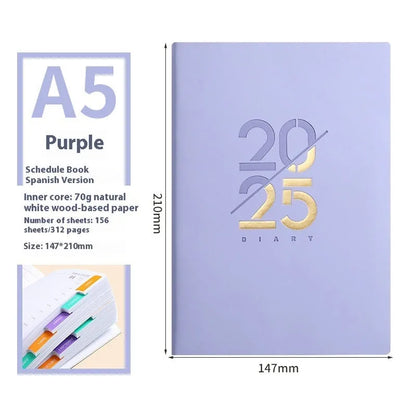 A5 daily planner with faux leather cover in blue, showing open pages and bound spine.
