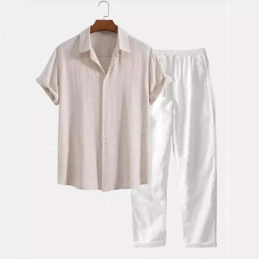 Men's loose fit short sleeve shirt and trousers casual suit set in various colours