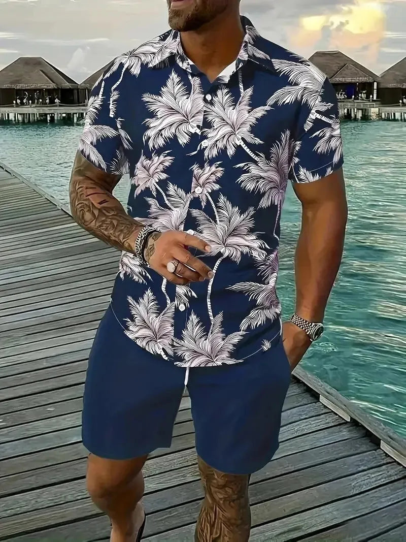 Men's Hawaii 3D printed short sleeve suit with textured patterns on polyester fabric