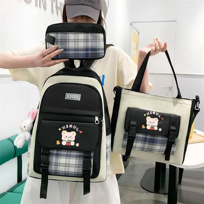 Large capacity plaid three-piece school backpack set in nylon with pink, blue, black, or purple colour options for junior high students
