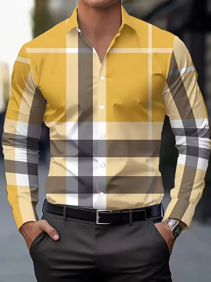 Men's striped long sleeve button-up shirt in polyester available in multiple colours and sizes
