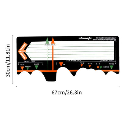 Black neoprene golf swing posture pad with directional markings on a green surface.
