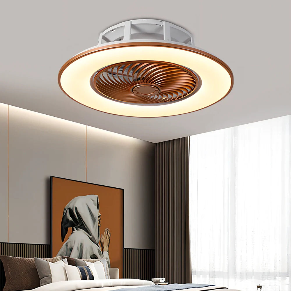 Smart ceiling fan light with invisible blades and LED lighting in white finish