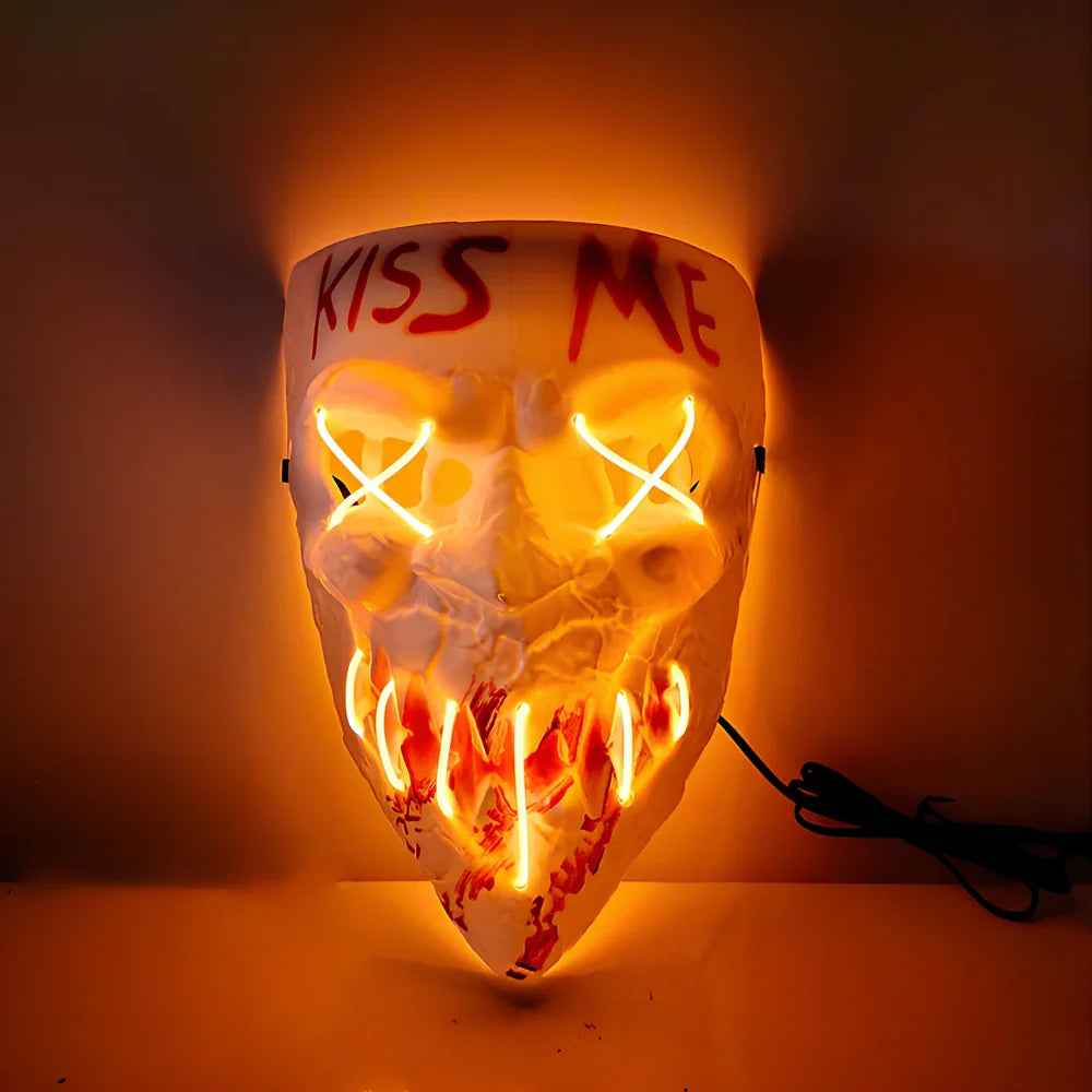 Multicolor luminous Halloween mask with adjustable glow, plastic construction in blue, green, and red options for festivals