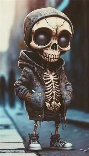 A 15cm tall resin skeleton figurine ornament on a desk.