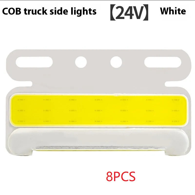 COB LED truck side light in aluminium alloy housing, showing red, yellow, green, blue, or white options for 12V and 24V vehicles