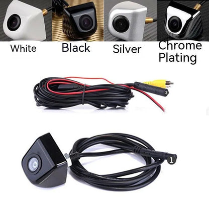 Black screw-mount HD waterproof rearview camera for cars with night vision, shown with connection cable.