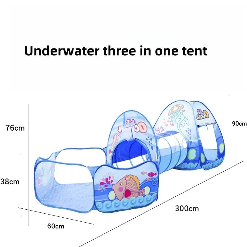 Underwater World children's three-in-one play tent with ball pool and tunnel in cartoon marine design