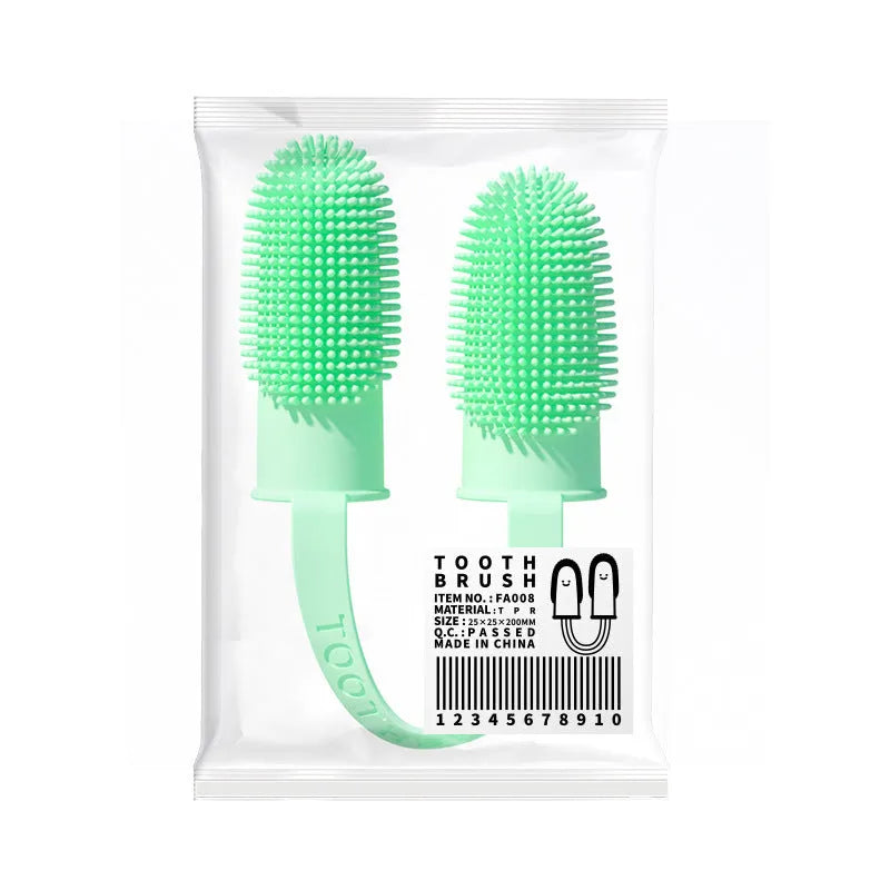 Pet tooth cleaning finger set showing double finger toothbrush covers in pink, blue green, and grass yellow colours.
