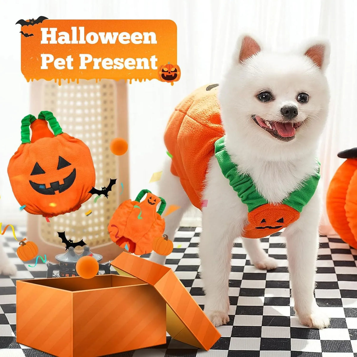 Orange pumpkin plush Halloween costume for a small dog showing pullover design and soft texture.
