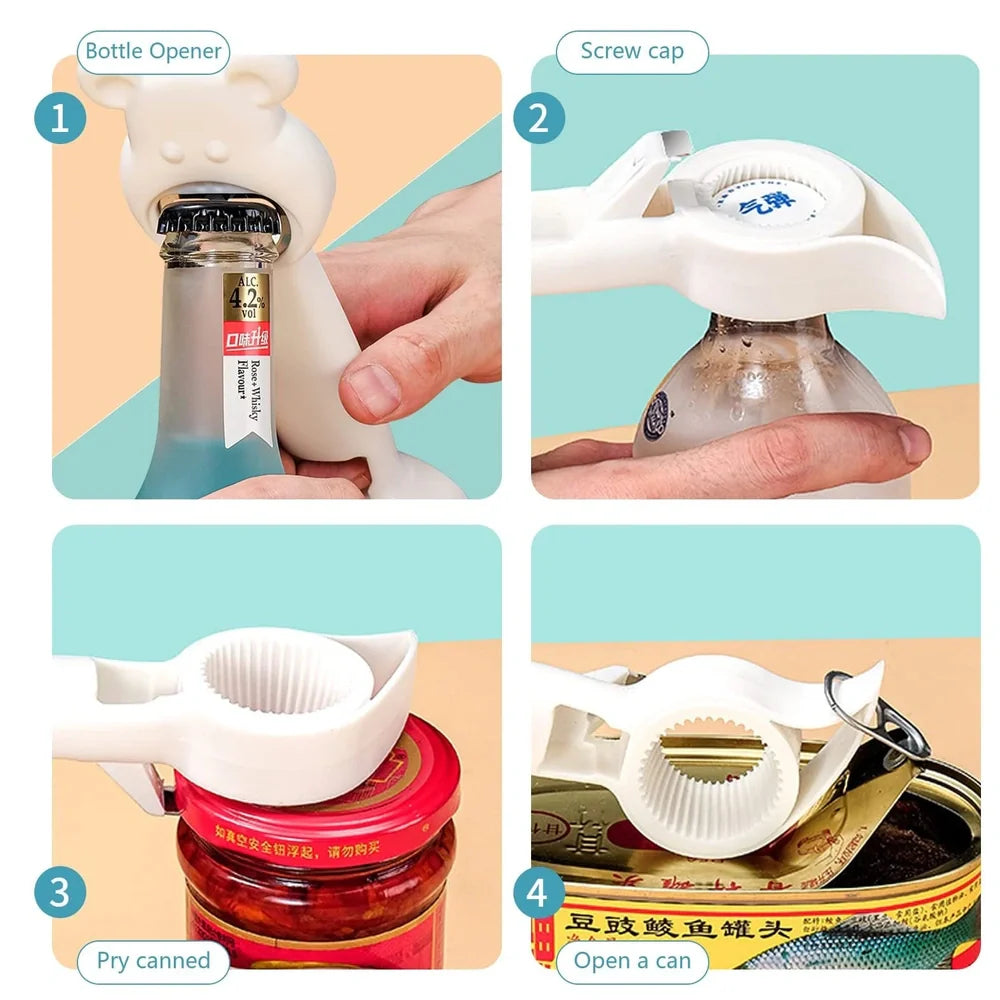 Bear-shaped 4-in-1 stainless steel bottle opener in gray blue, 21 cm long for jars cans and beers