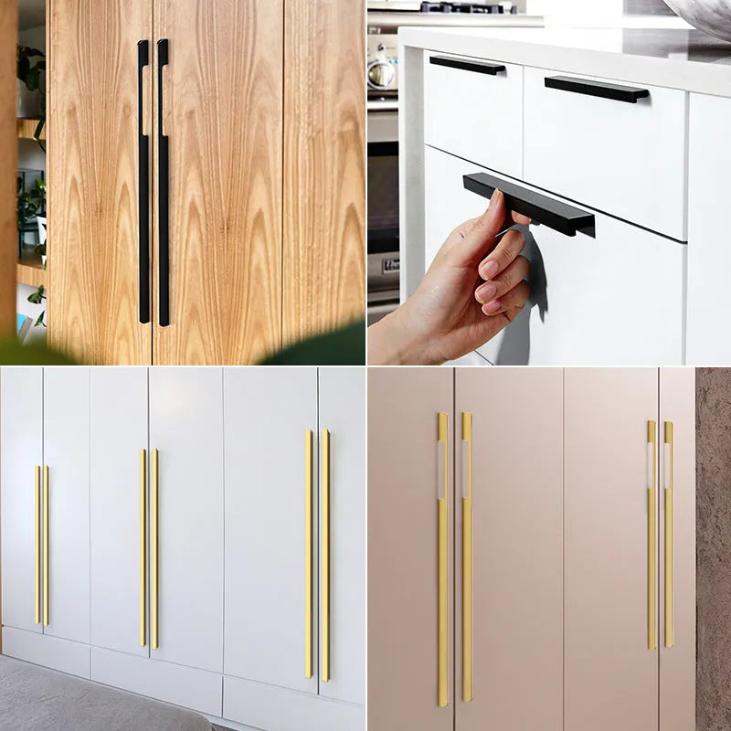 Gold T-shape cabinet handle with aluminium alloy construction showing hole distance measurements