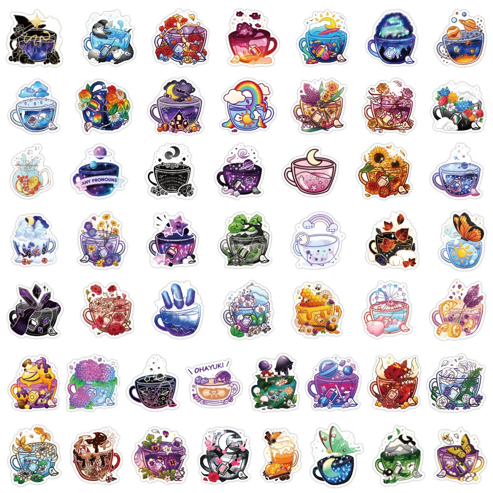 Pack of 50 colourful tea cup graffiti waterproof stickers for DIY luggage and scooter decoration