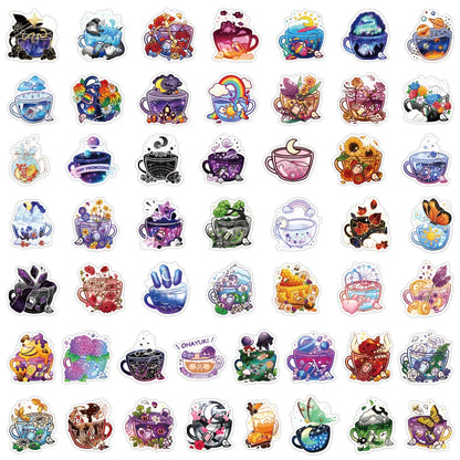 Pack of 50 colourful tea cup graffiti waterproof stickers for DIY luggage and scooter decoration