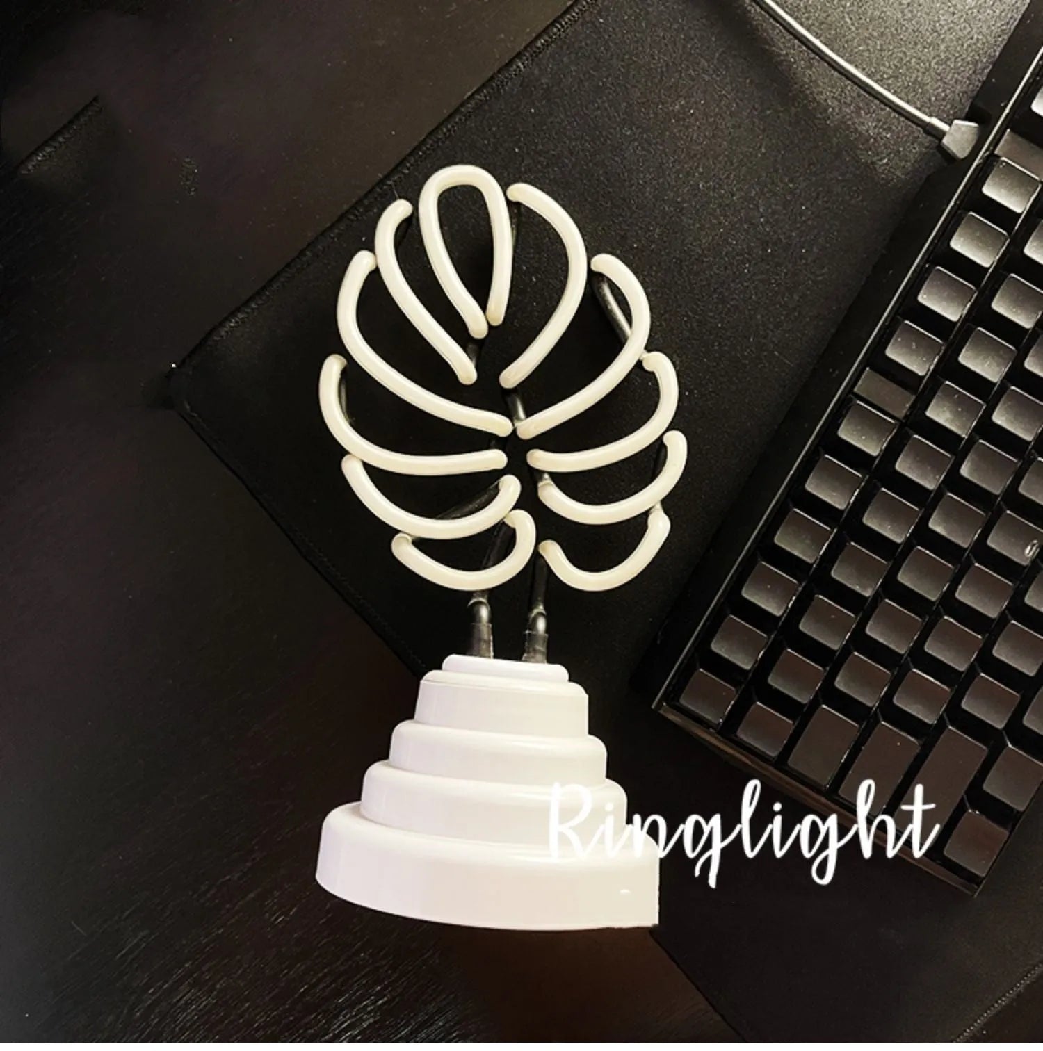 Handmade bamboo shape desktop lamp with white tube and green light, showing USB plug and two size options for indoor use