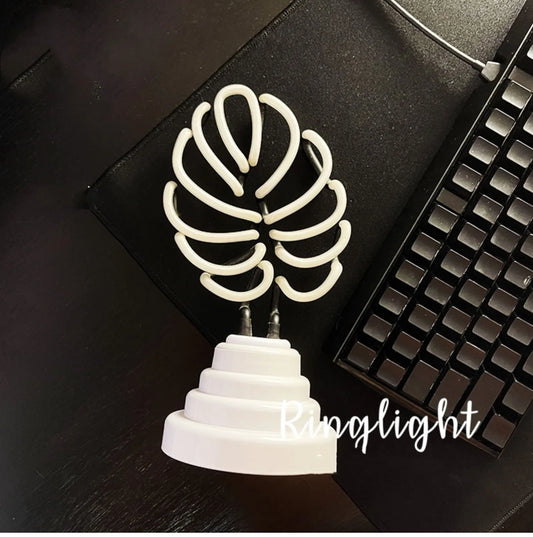 Handmade bamboo shape desktop lamp with white tube and green light, showing USB plug and two size options for indoor use