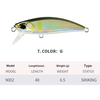 Japanese fishing lure with submerged mino design, 48mm length, 6.5g weight, shown in multiple colour variations