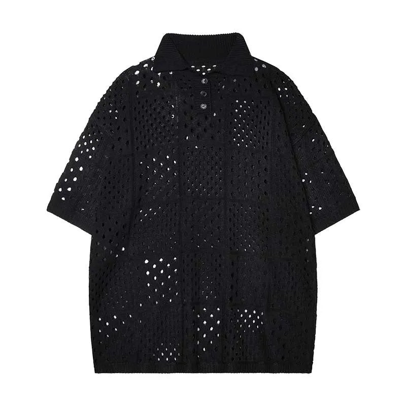 Knitted polo shirt short sleeve in solid black colour showing loose fit design
