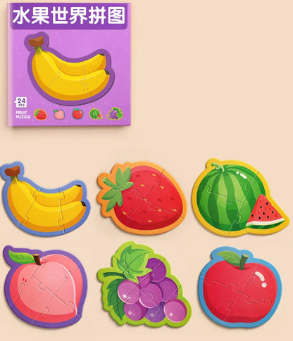 Five educational puzzle boxes for infants with animal, fruit, farm, transportation, and profession themes