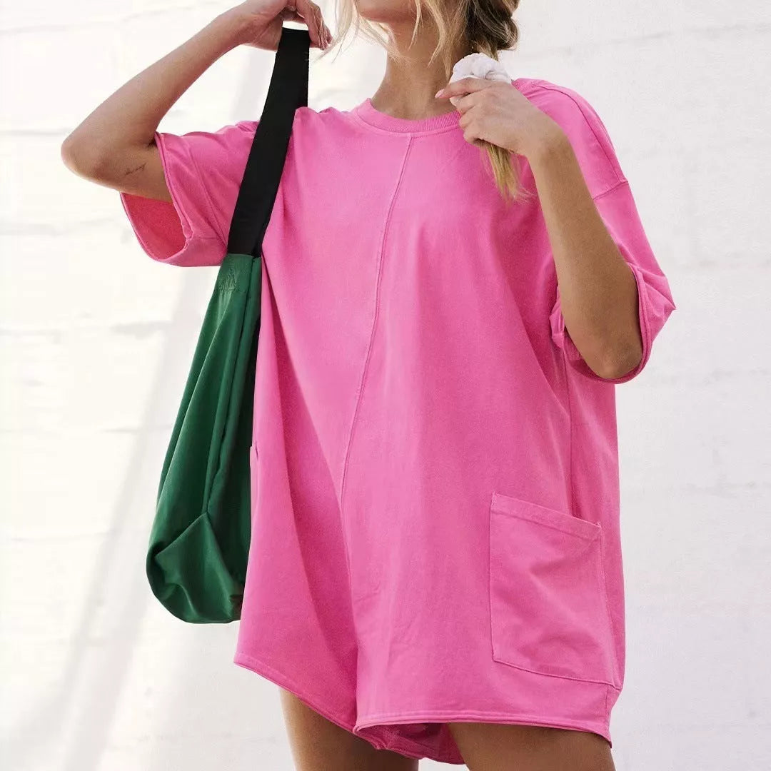Women's loose short-sleeved shorts jumpsuit in cotton with pockets for summer wear