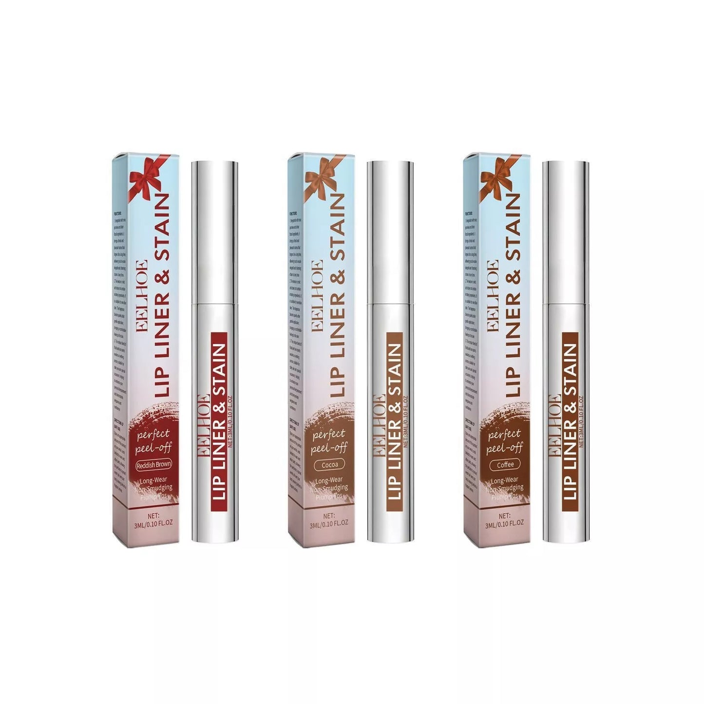 Peeling Lip Gloss in red brown, nude brown, and cocoa color for hydrated, flawless lips