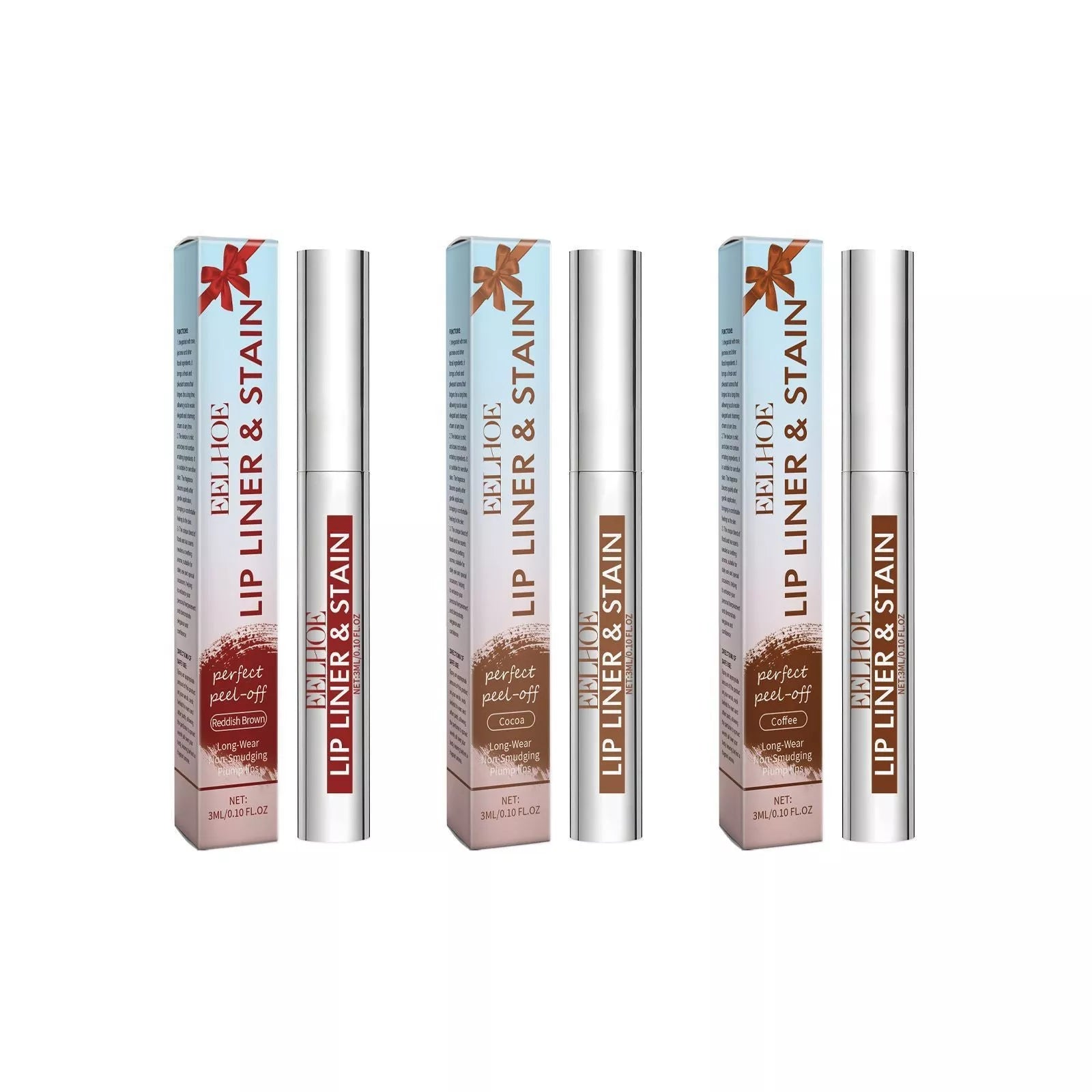 Peeling Lip Gloss in red brown, nude brown, and cocoa color for hydrated, flawless lips