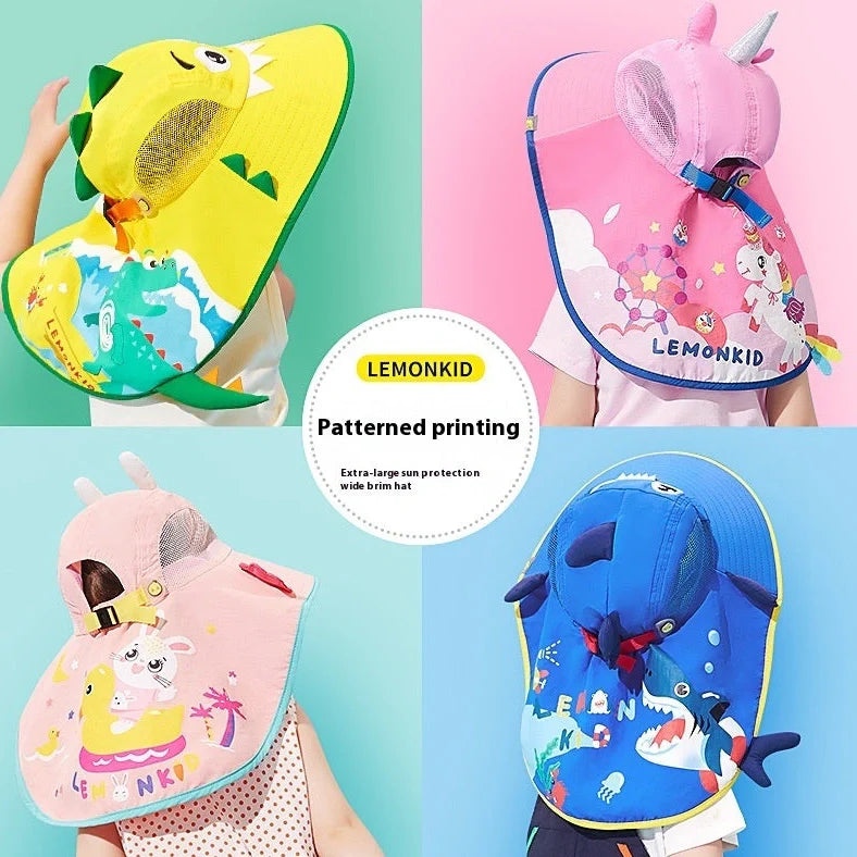 Yellow dinosaur pattern children's sun hat with wide brim for UV protection