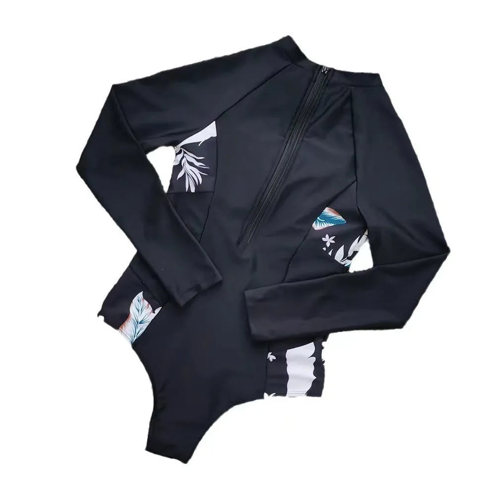 Women's black printed long-sleeved one-piece diving suit for swimming