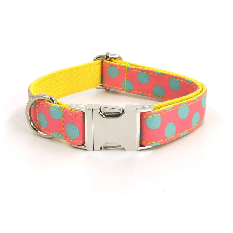 Yellow polka dot dog collar and lead set with adjustable sizing options