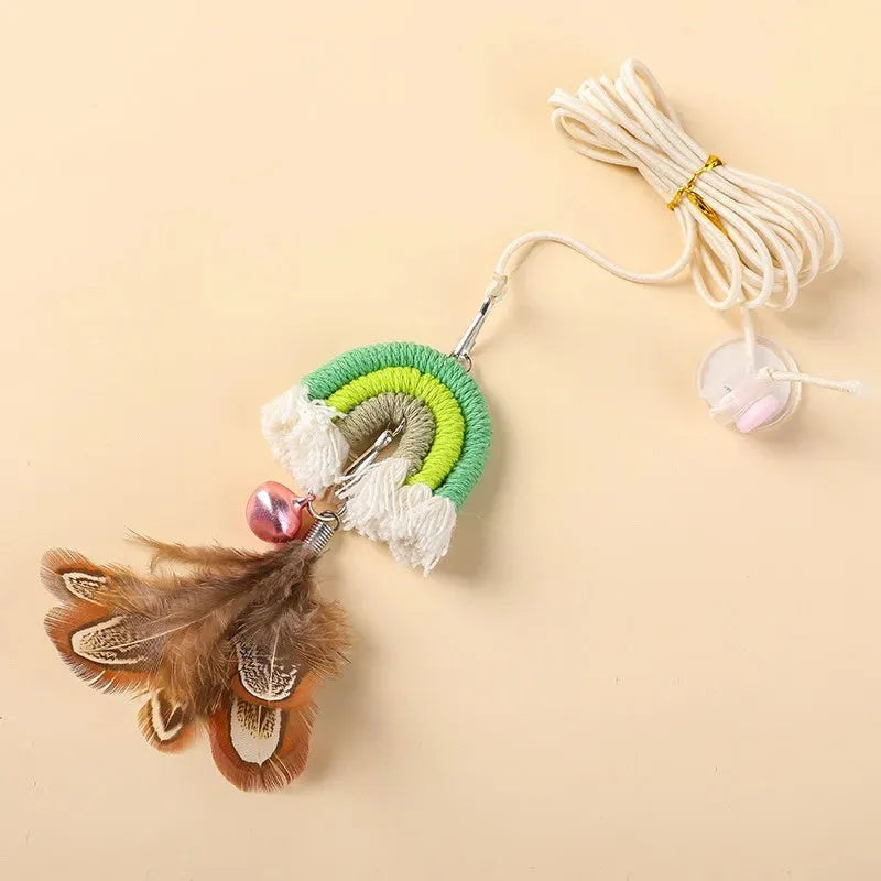 Feather cat rope hanging door toy with elastic swing and sticky buckle clamp in blue, green, or pink colours