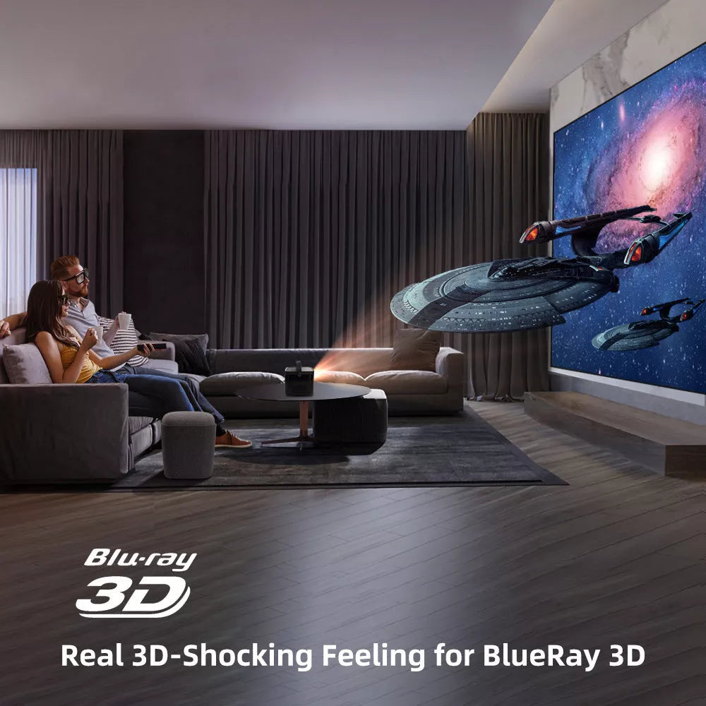 Rechargeable HD 3D Home Theater Projector displaying a movie on a large screen