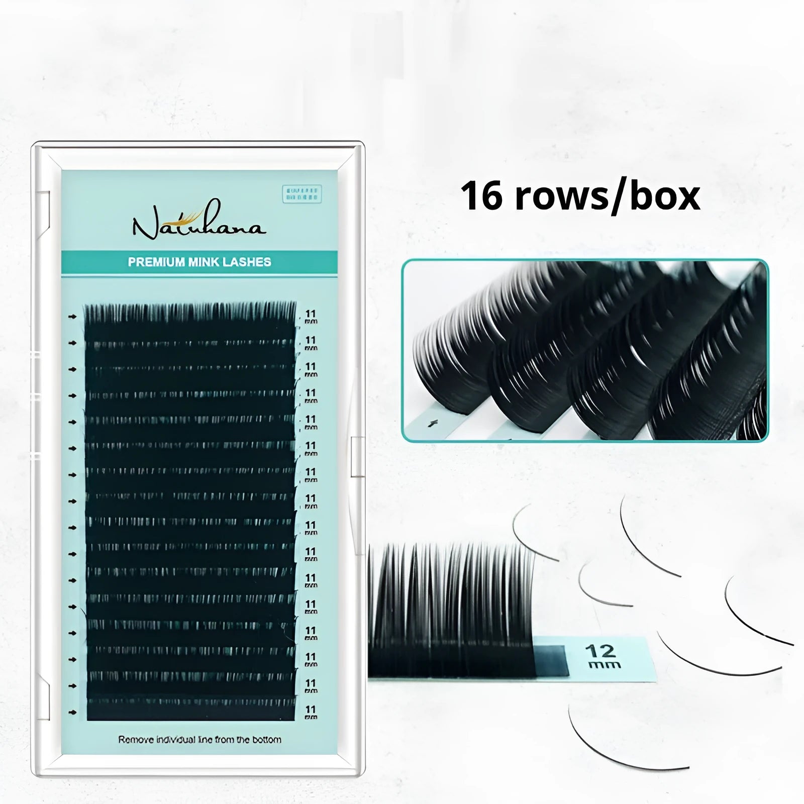 Artificial fibre false eyelashes showing length options from 7mm to 15mm with volume specifications 0.05CC to 0.2CC