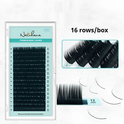 Artificial fibre false eyelashes showing length options from 7mm to 15mm with volume specifications 0.05CC to 0.2CC