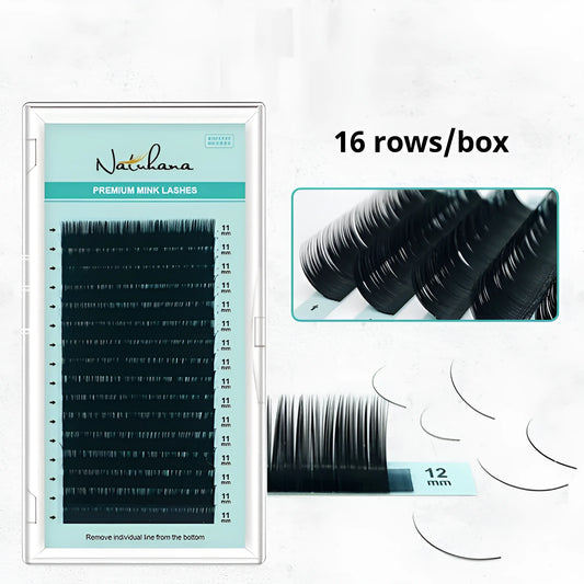 Artificial fibre false eyelashes showing length options from 7mm to 15mm with volume specifications 0.05CC to 0.2CC