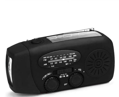 Powerful solar-powered radio and flashlight with hand crank and USB charging capabilities