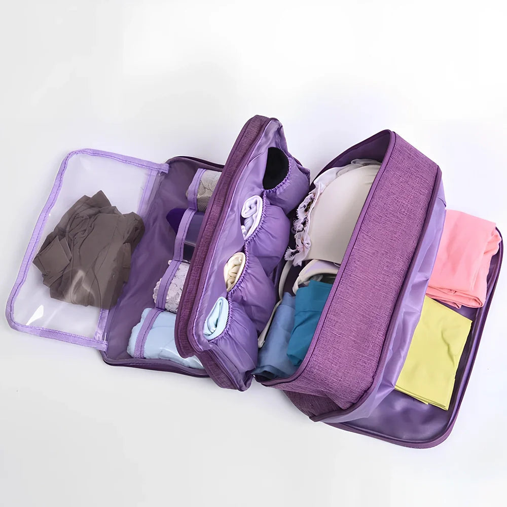Purple cube-shaped bra storage bag with 3 internal shelves for organising underwear during travel