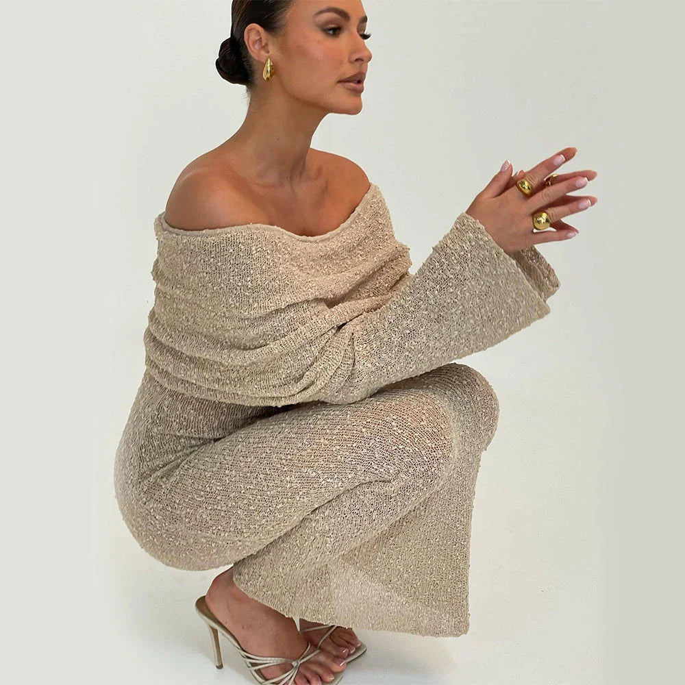One-shoulder knit maxi dress in various colors for beach vacations and summer fashion
