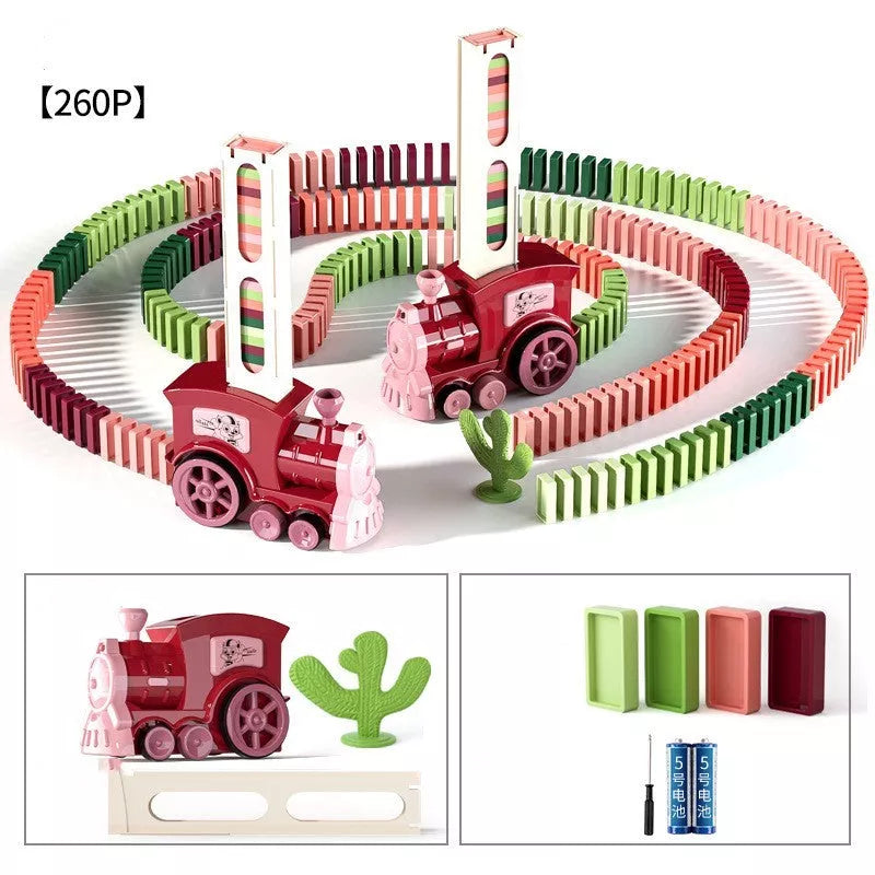 Electric Domino Train Building Blocks Toy for children, available in dark green and wine red