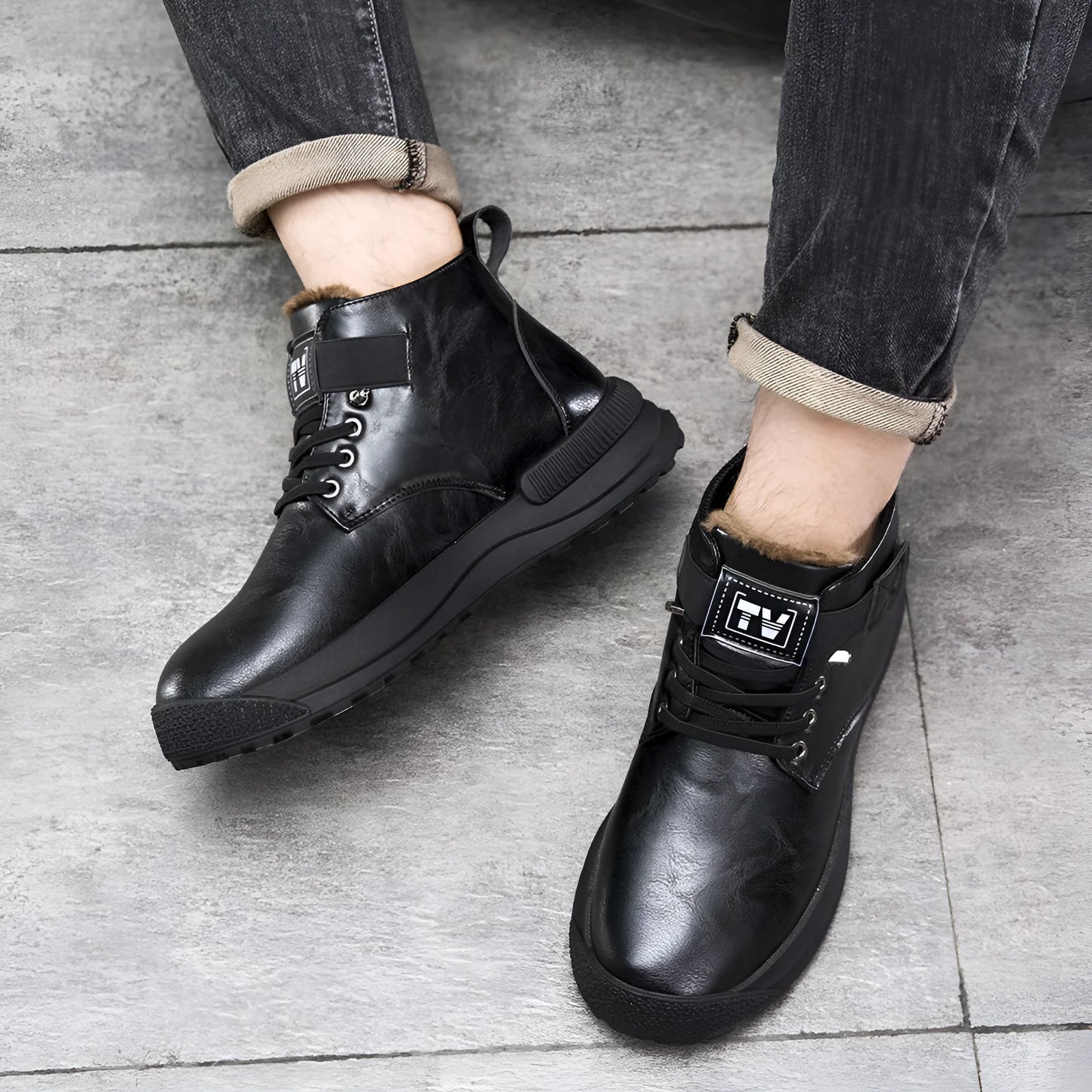 Men's black high-top platform Martin boots with a velvet-like PU upper and rubber sole.